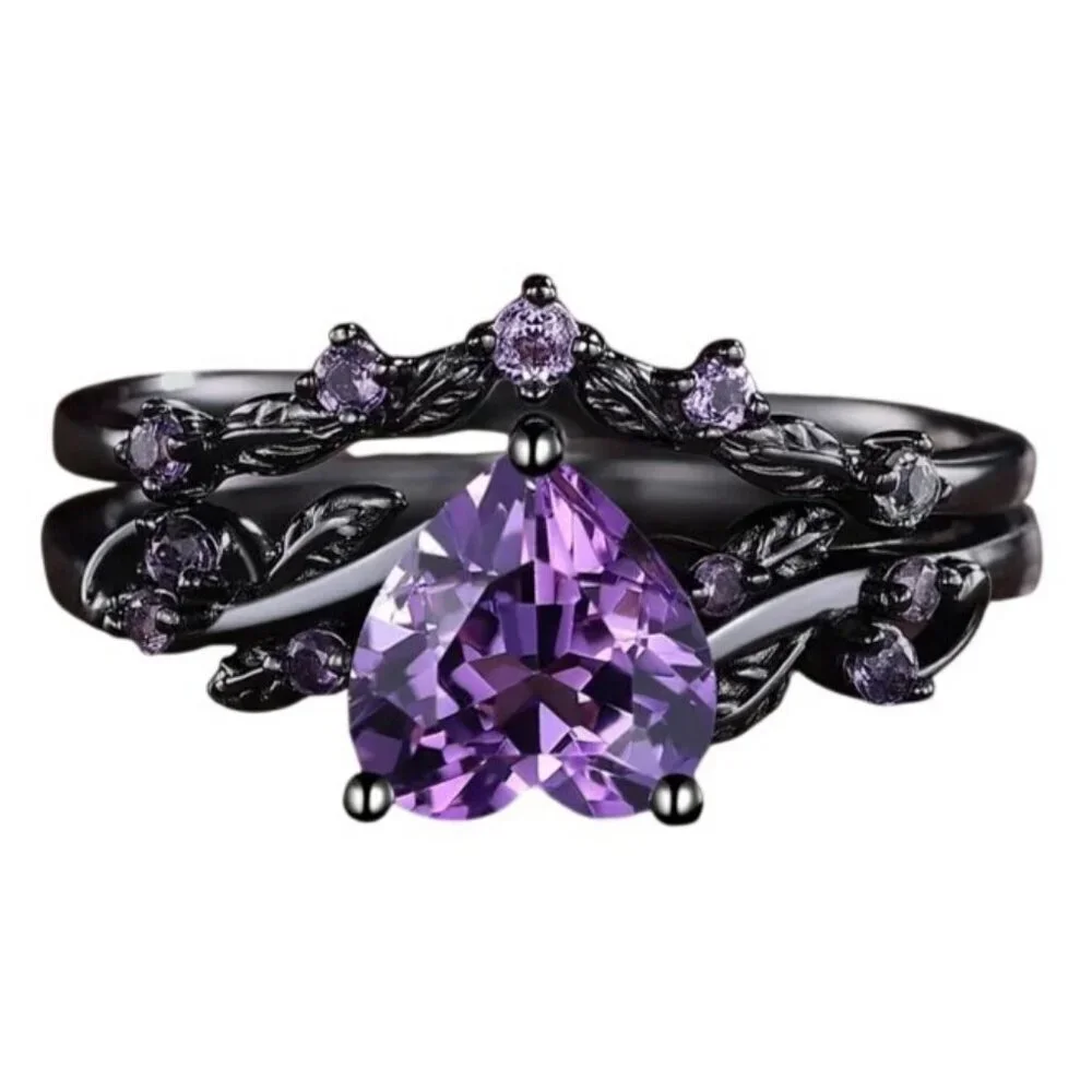Heart Cut Amethyst & Moissanite 2 piece engagement wedding ring set in rhodium